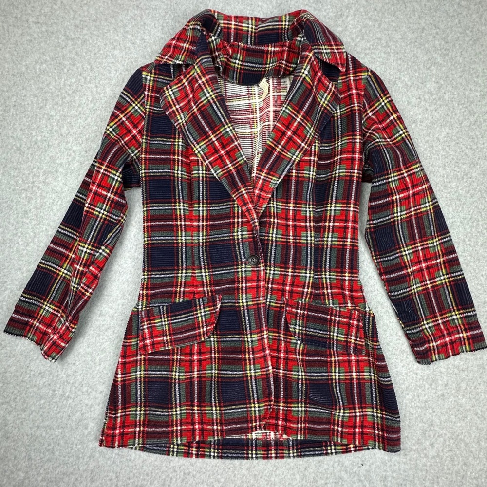 Vtg Red Plaid‎ Corduroy Blazer Jacket Women Small Single Button Retro Tartan